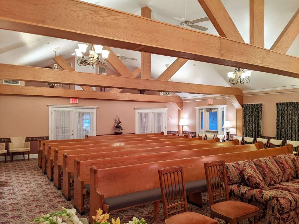 The Chapel room with 18 foot cathedral ceilings at Miller-Plonka Funeral Home.