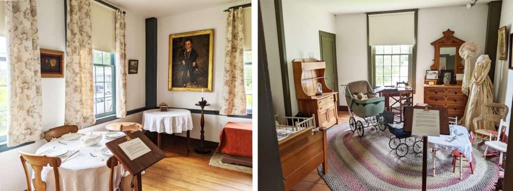 Permanent Exhibits at The Frisbie House: Left: Dining Room, Right: Bedroom