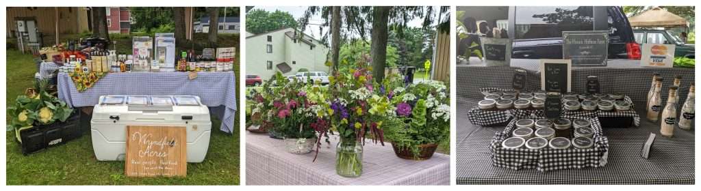 Left to Right: New Vendor Wyndfield Acres booth, Fresh Flower Bouquets, Historic Hoffman Farm Jams & Jellies.