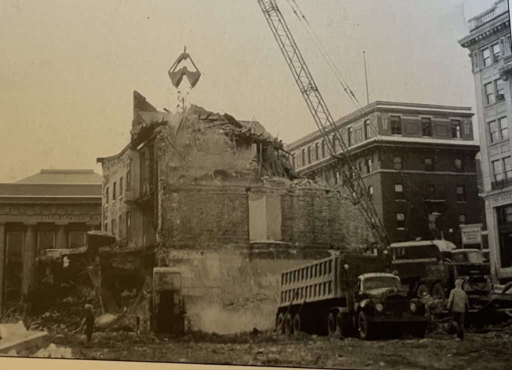 The wrecking ball takes down the southeast corner of Main Street and Ann Street.***Please be sure to see the Little Falls Historical Society Old Bank Building Museum’s exhibit featuring a pre-urban renewal version of the Little Falls commercial district.