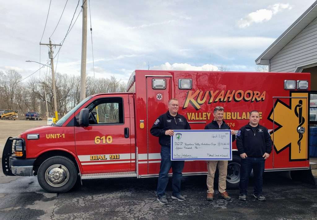 Kuyahoora Valley Ambulance Corps Receives a $15,000 Donation Toward Ambulance Purchase. From the left, Anthony Dischiavi KVAC Chief, Jude Clemente Material Sand and Gravel President and, Darren Heidelberger, KVAC President.